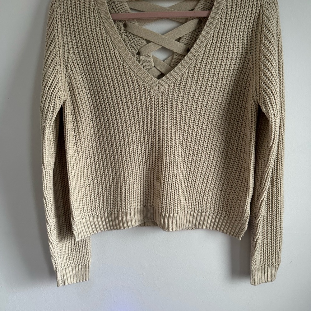 Lovecrazy Women's Cream Sweater with V-Neck with Adorable Lace Back